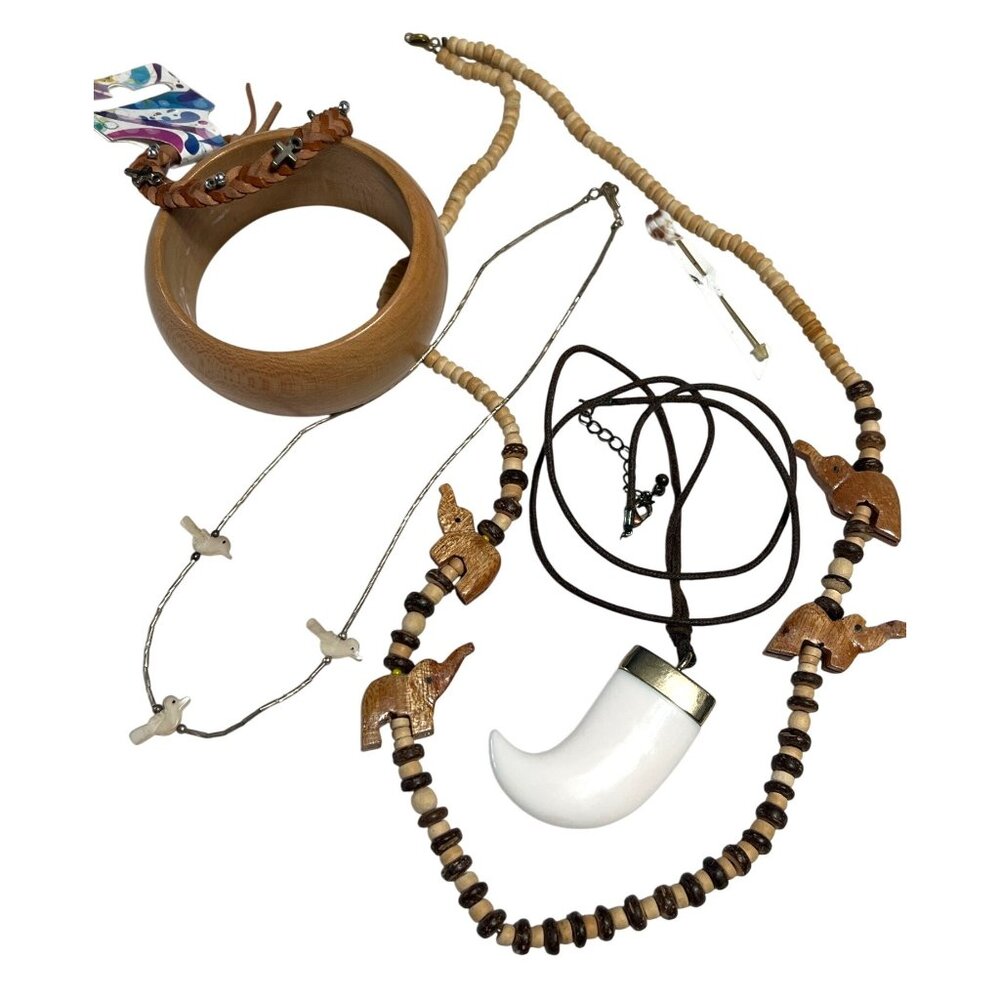 Boho Wood & Shell Jewelry Set With Elephant & Bird